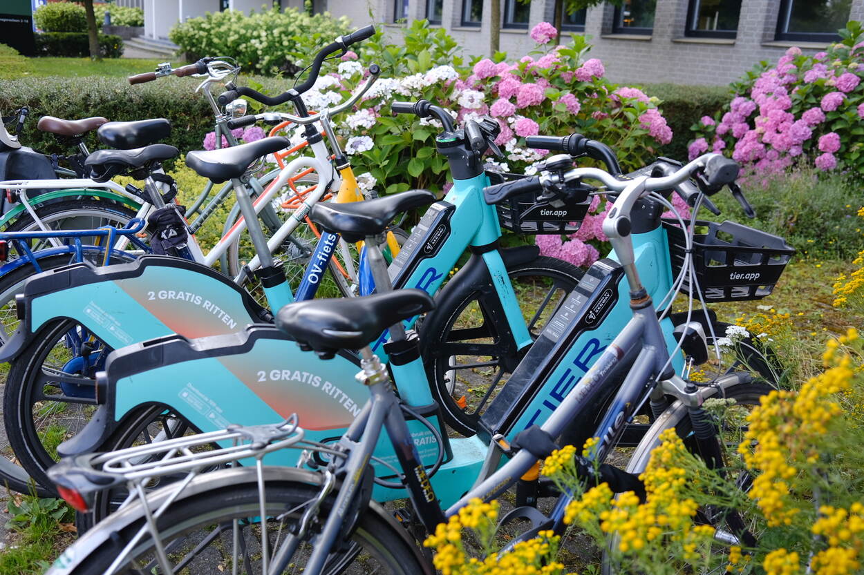 Diverse soorten geparkeerde fietsen, ook deelfietsen zijn te zien